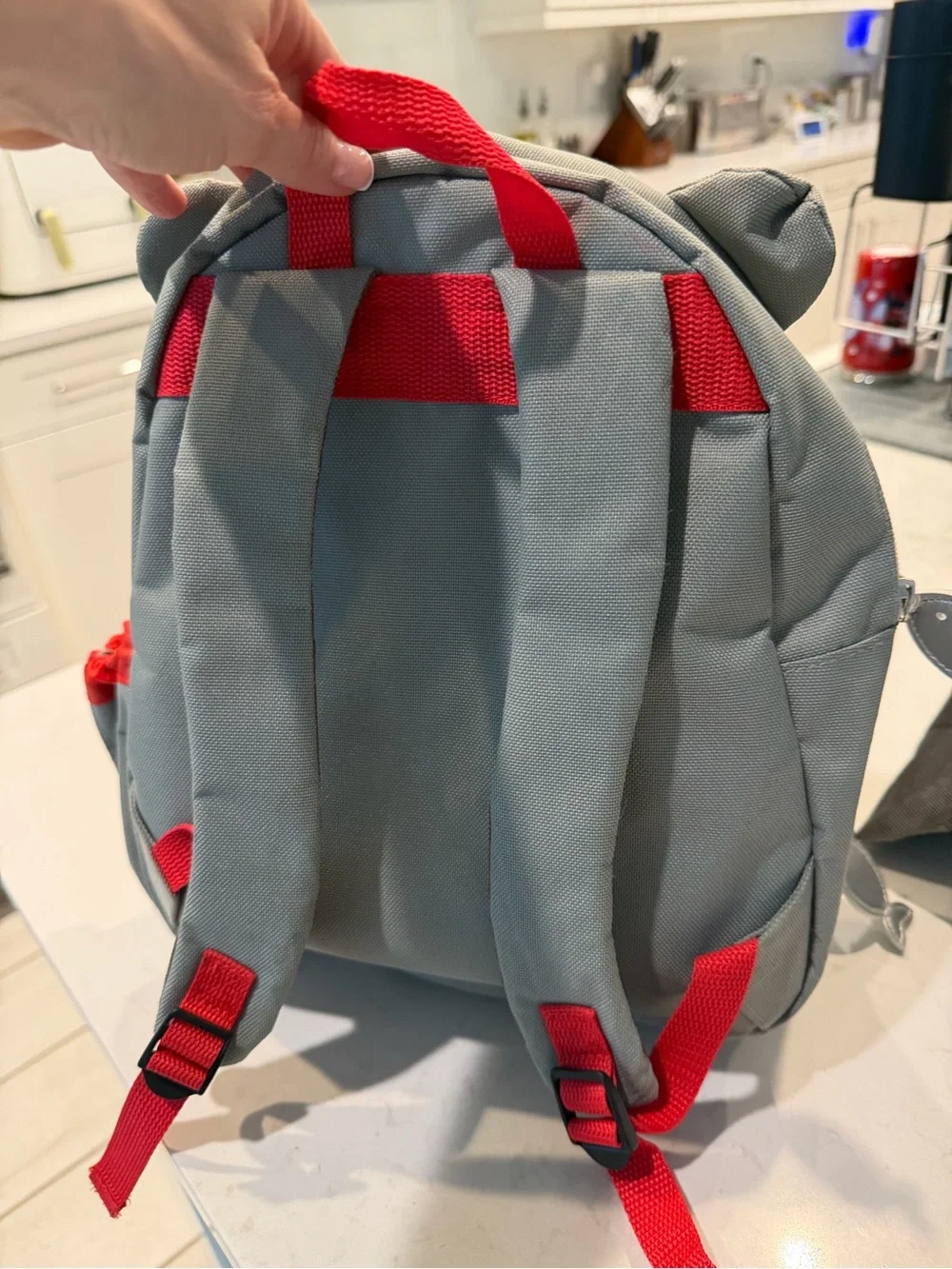 Gray Bear Kids Backpack with Red Buffalo Plaid Pocket